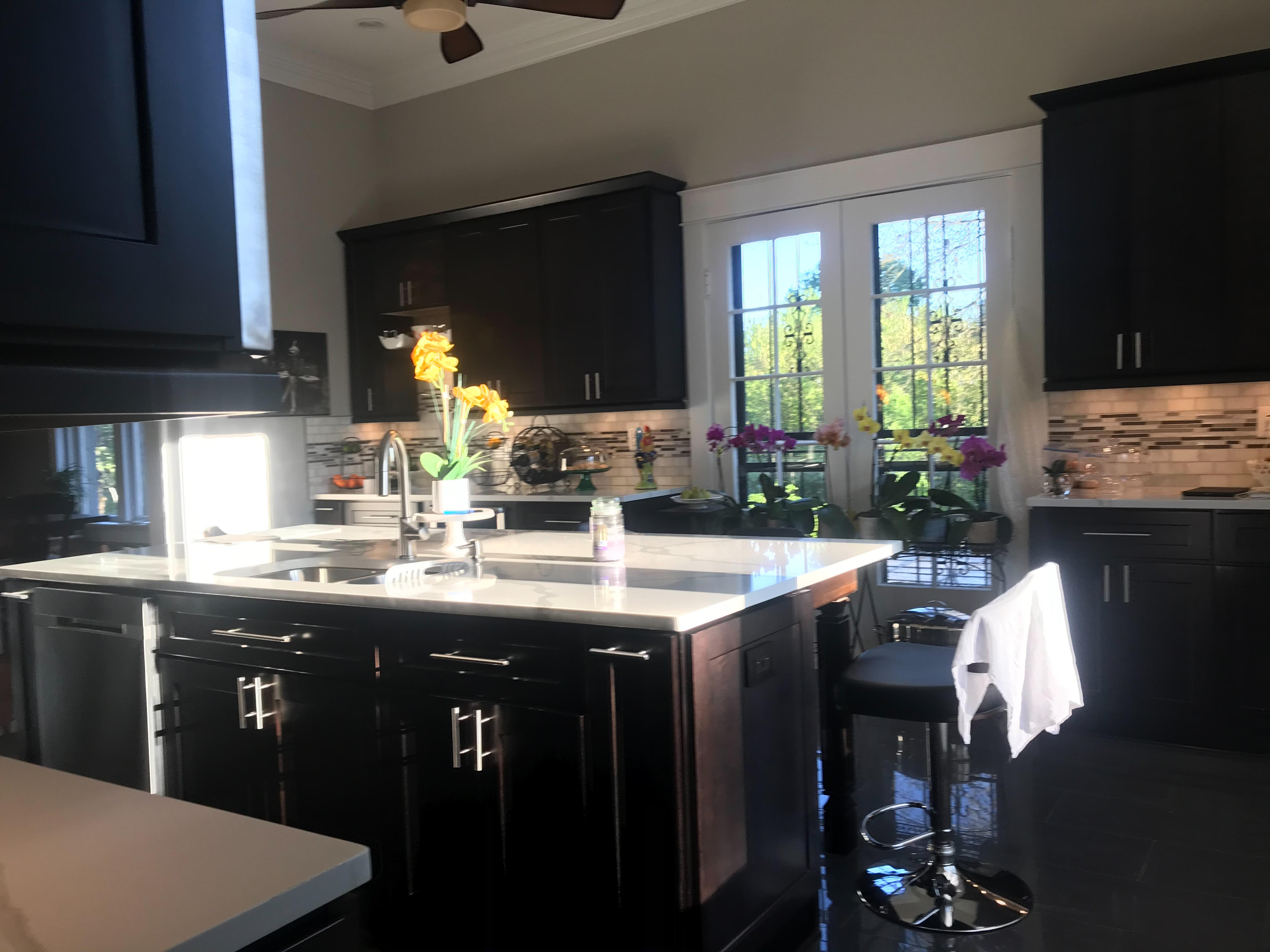 New countertop with chair and cabinets